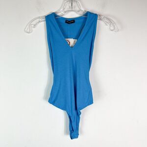 Naked Wardrobe NWT Ribbed Deep V-Neck Racerback Sleeveless Bodysuit Blue Size S